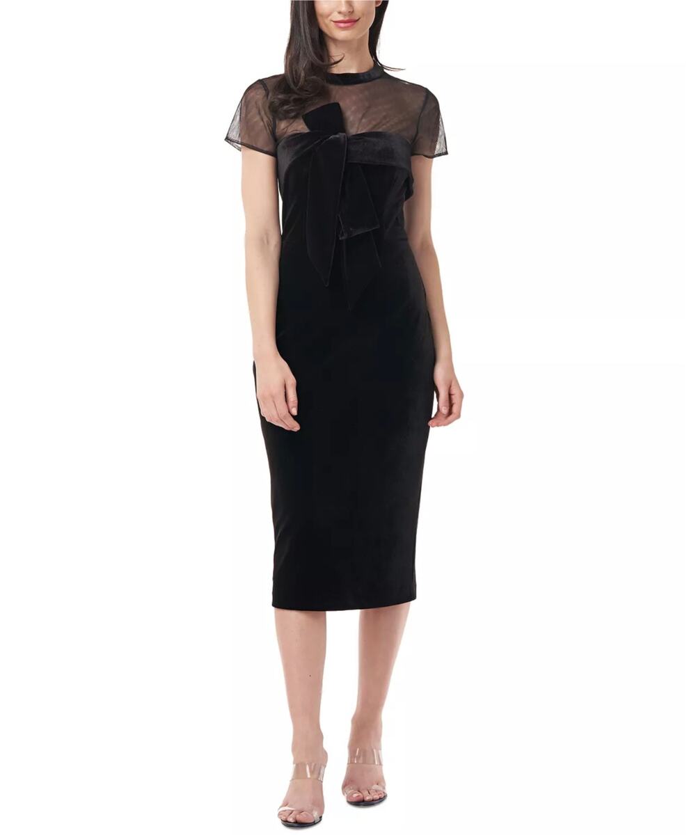 JS Collections Black Cocktail Dress Velvet Short Sleeve Bow Accent Sheath Size 8